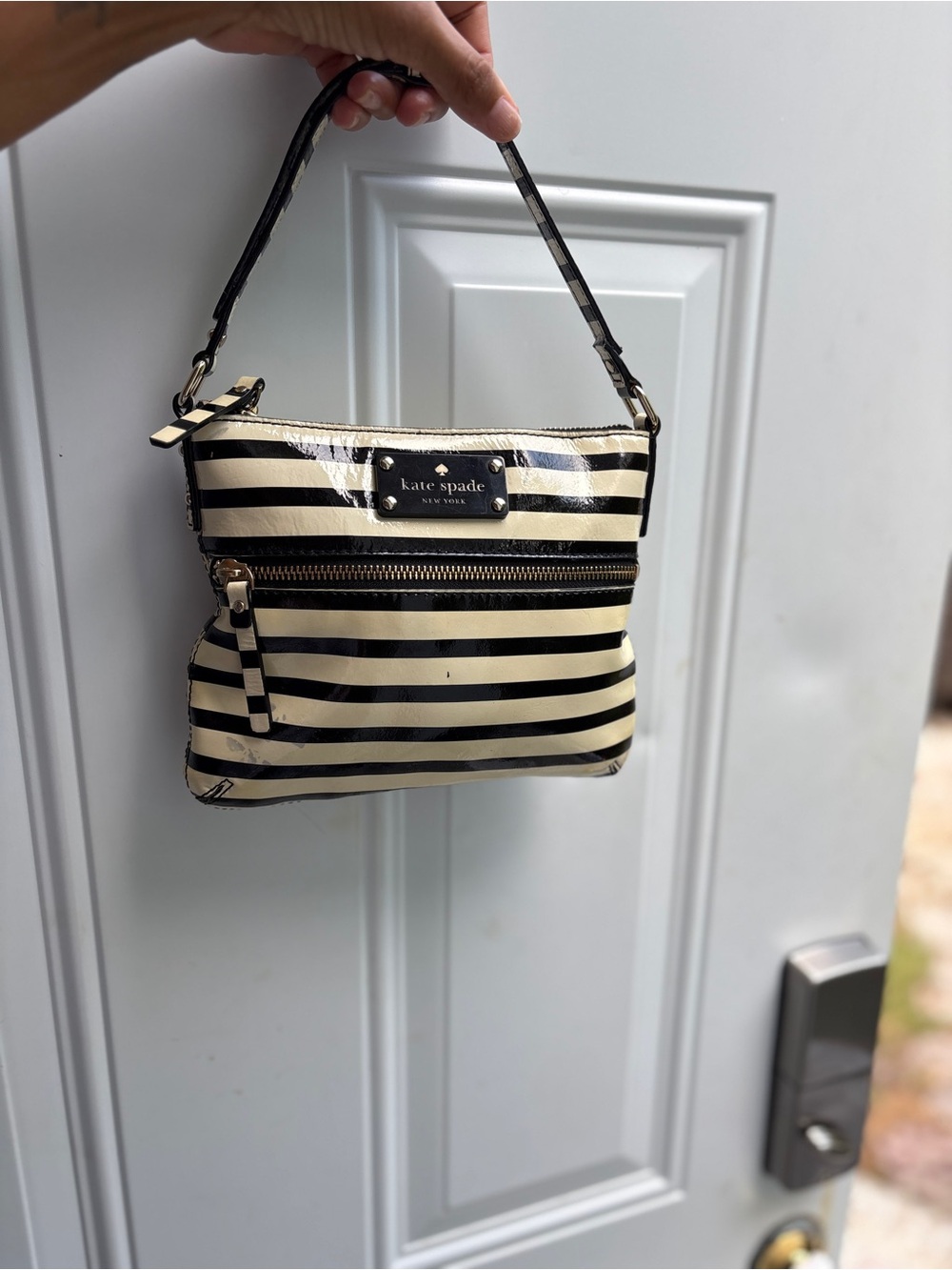 kate spade Black and Cream Striped Patent leather purse